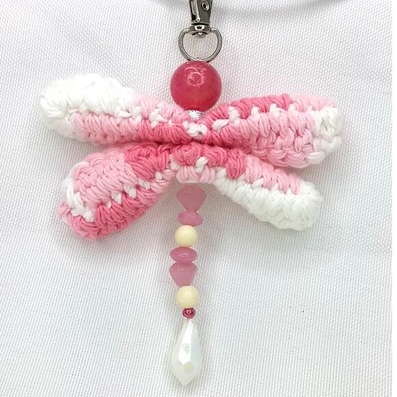 Crochet Dragonfly Bag Charm Hand Crafted Vintage Beaded Purse Keychain Pink NEW - Picture 6 of 10